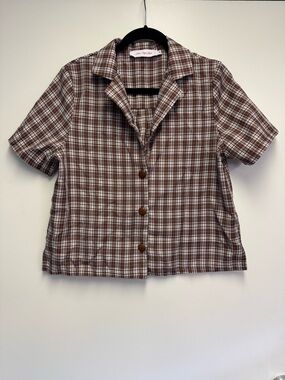 Lisa Says Gah Amber Gingham Brown Short Sleeve Button Up Collared Top Size M